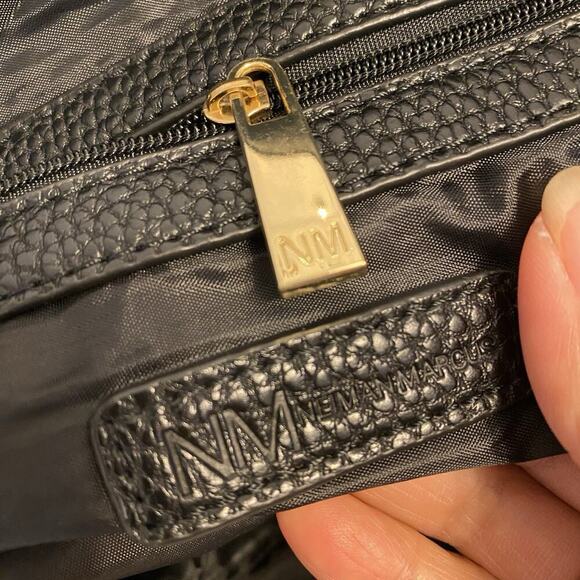 Neiman Marcus Designer Backpack Black PVC Nylon Travel Day Bag Silvertone Logo - Picture 4 of 11